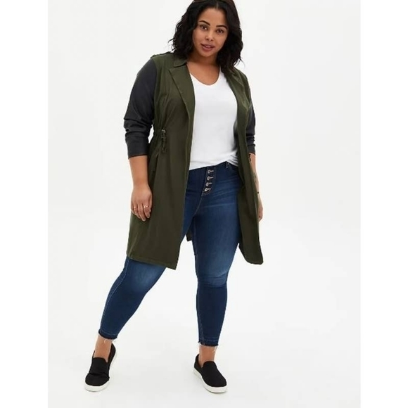 TORRID Olive Green Faux Leather Sleeve Mixed Fabric Duster Jacket Women's 3 (3X) - Picture 1 of 10